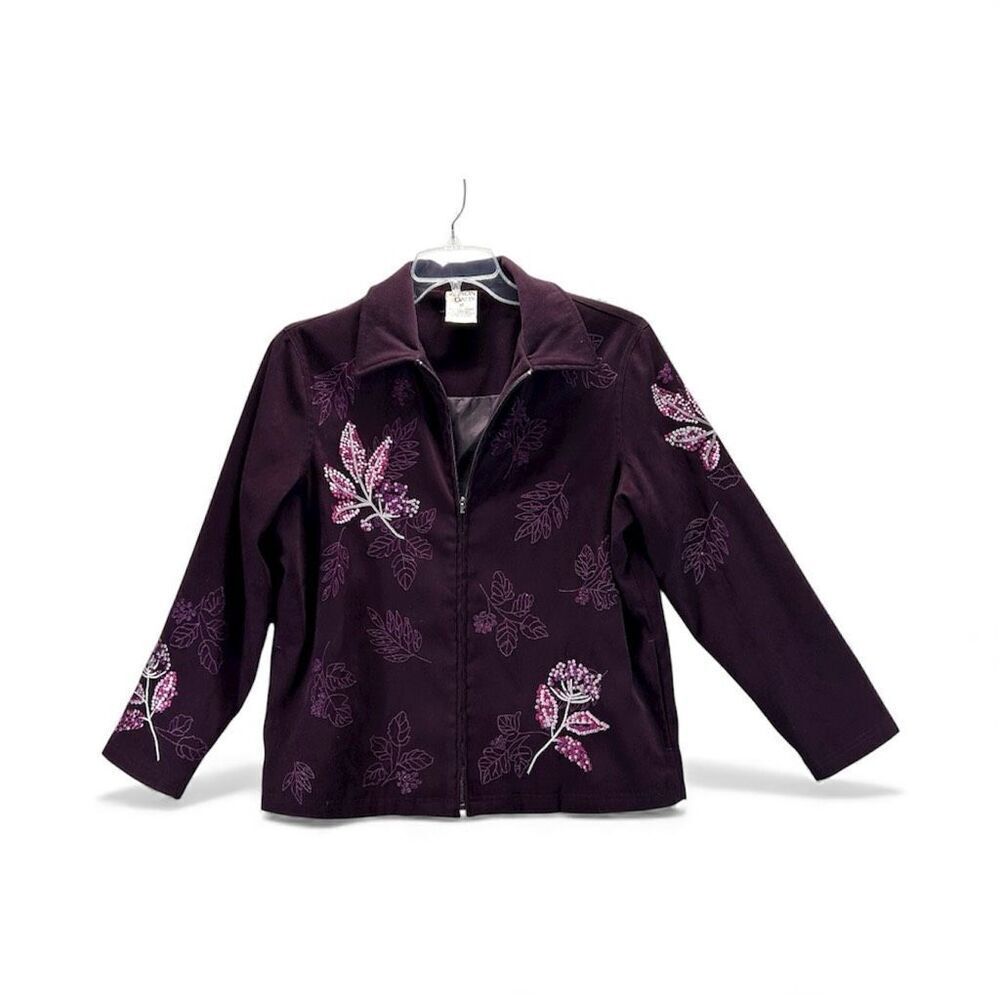 Alison Daley Women’s Plum Purple Embroidered Zip Jacket 12 | Stretch Floral Top